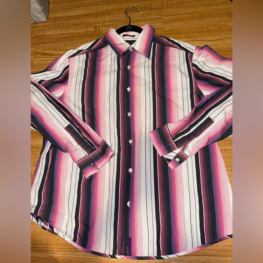 DKNY JEANS Men's XL Bold Stripe Button Down Shirt - Pink, Black, Purple - Picture 7 of 12